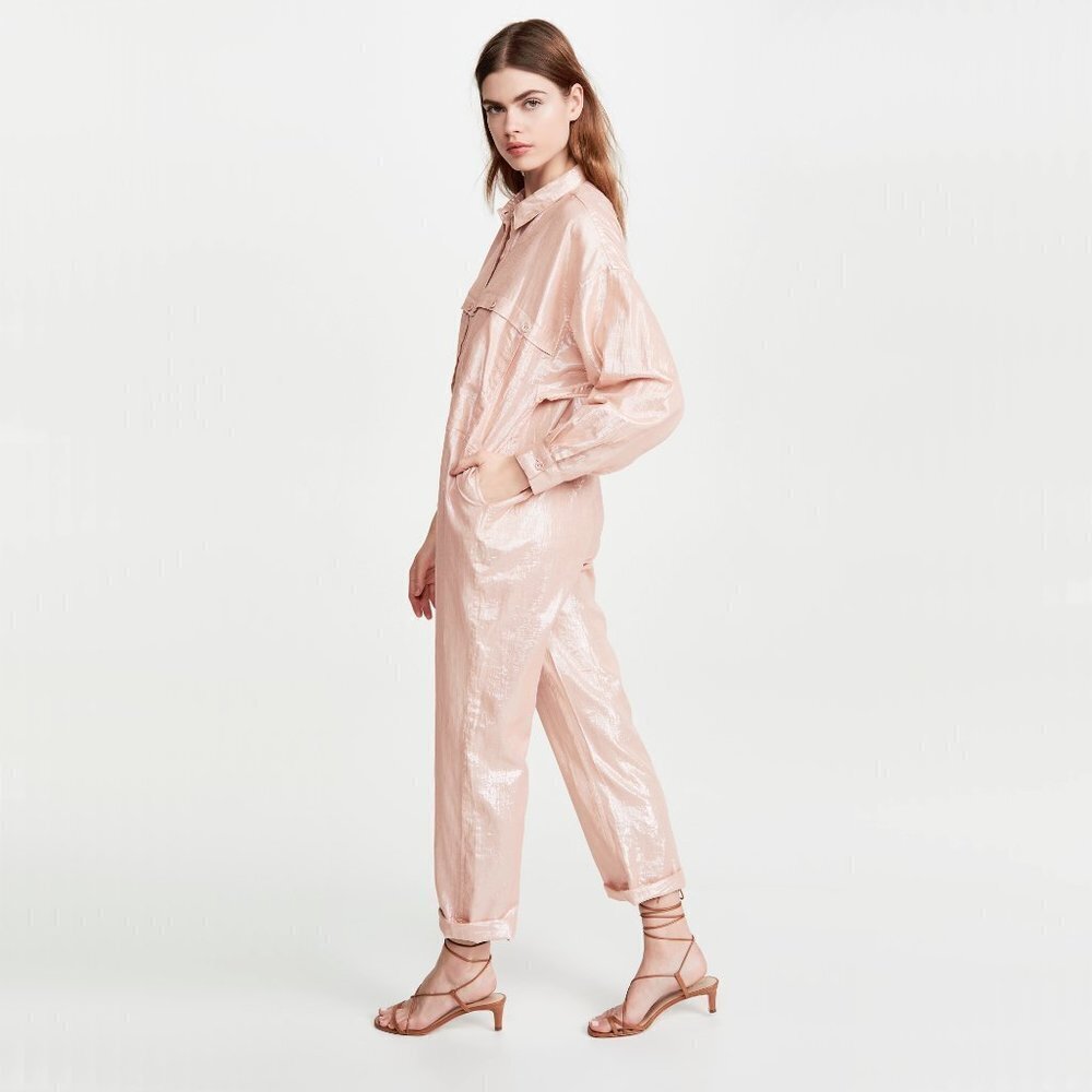Nwt Kondi Pink & Metallic Thread Cotton Blend Utility Jumpsuit, Xs